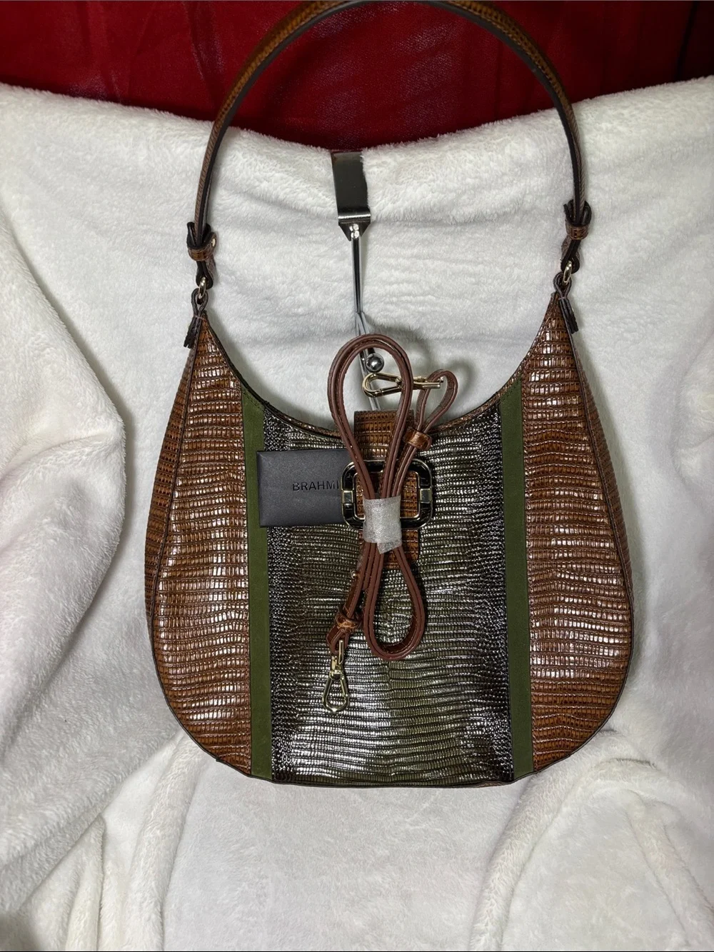 Brahmin Brown Croc-Embossed Hobo Bag with Olive Stripes